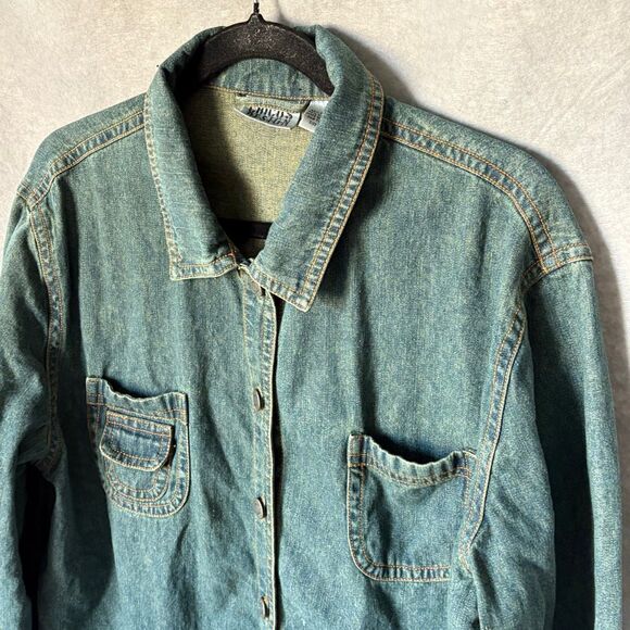 Vtg Chico’s Denim Workwear Chore Coat Jacket Button Down Size L (3) - Picture 3 of 10